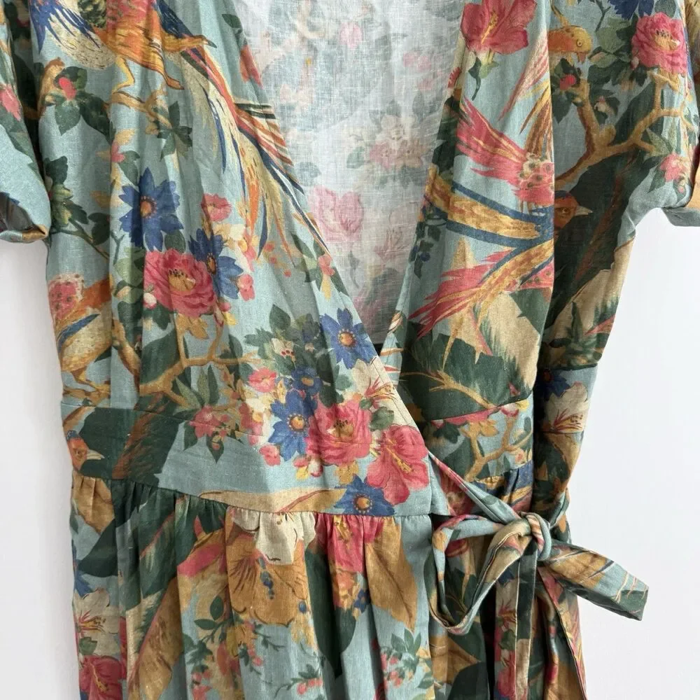 Sezane Tropical Floral Midi Wrap Dress Linen Hawaiian Birds Sz 40 (US 8) Classic - Picture 4 of 12
